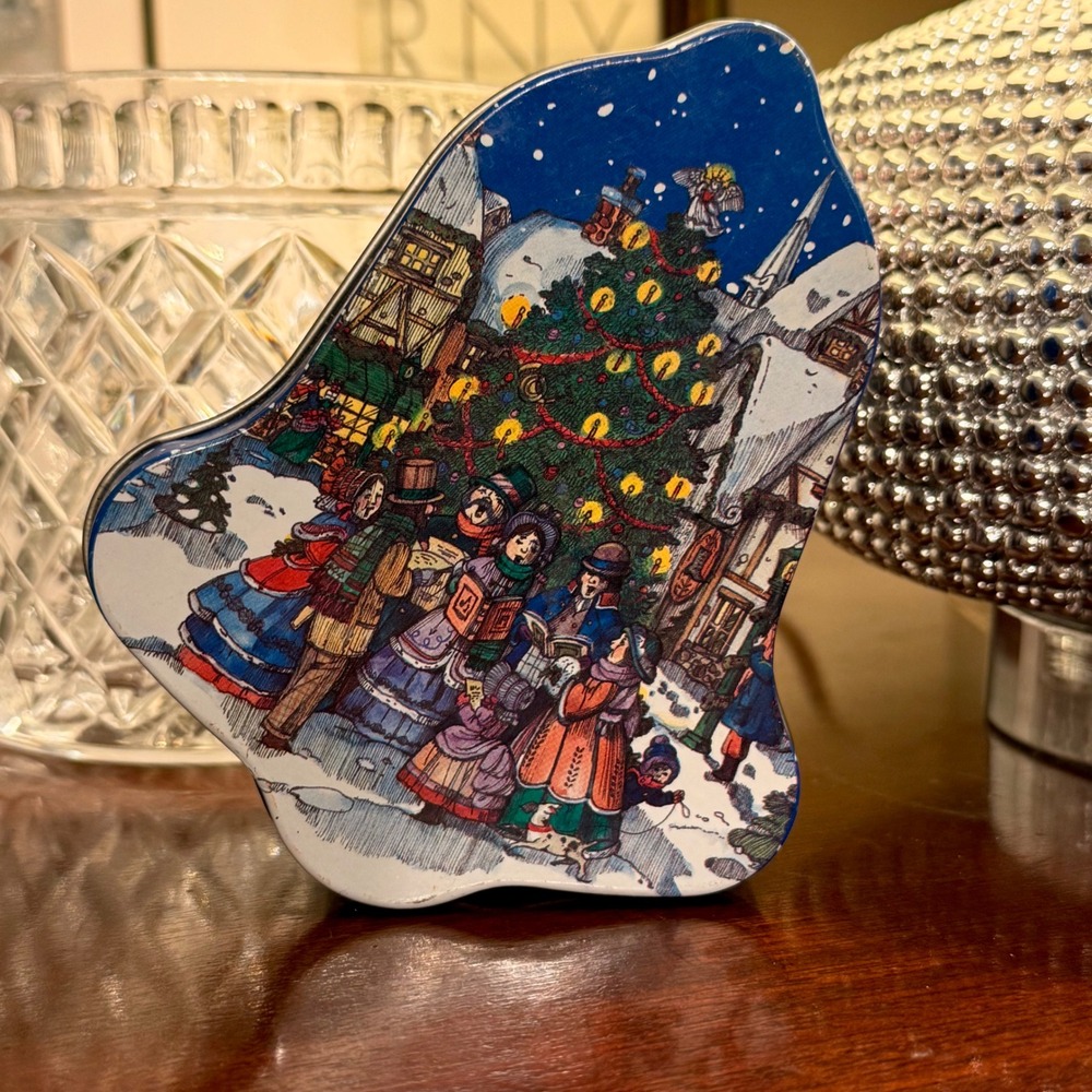 Unbranded Christmas Bell Tin Small Blue Good Victorian Carolers Village Scene
